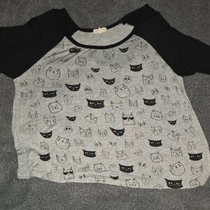 Loralette Size 3x Black and Gray Cat Print Raglan Tee 3/4 Sleeve
